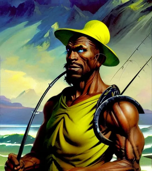 Image similar to magic : the gathering fantasy character concept art by frank frazetta and marco bucci, high resolution. a clear portrait of a 3 0 - year old athletic male jamaican, fisherman, wearing yellow green black calico clothing, magical fishing rod weapon, jamaican ocean flowing in the background, symmetry, fantasy coloring, intricate, 8 k, digital painting, artstation, smooth, sharp focus