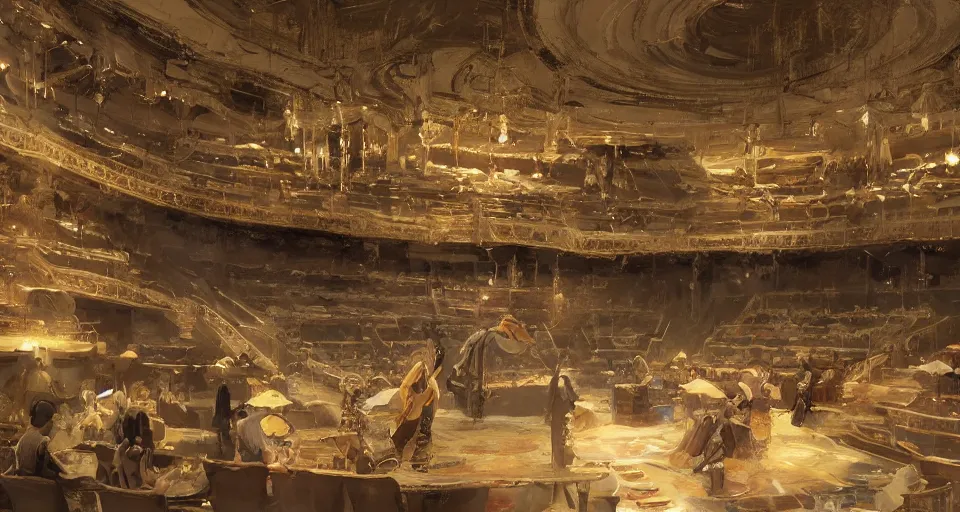 Prompt: craig mullins and ghibli digital art of inside the grand theater, on the stage, masked female violinists, exotic costumes, gold jewelry, black hair, solo performance unreal engine, hyper realism, realistic shading, cinematic composition, realistic render, octane render, detailed textures, photorealistic, wide shot