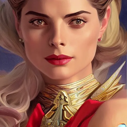 Image similar to A combination of Grace Kelly's and Willa Holland's and Ashley Greene's faces as She-Ra, western, D&D, fantasy, intricate, elegant, highly detailed, digital painting, artstation, concept art, matte, sharp focus, illustration, art by Artgerm and Greg Rutkowski and Alphonse Mucha