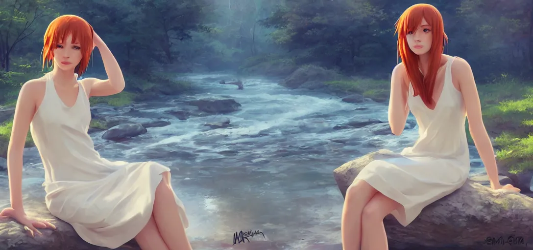 Prompt: southern ginger woman in simple cream dress sitting beside a river, airbrushed, hazy, gentle, soft lighting, wojtek fus, by makoto shinkai and ilya kuvshinov,