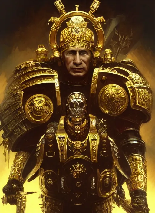 Image similar to putin as warhammer 4 0 k emperor, gold, portrait, intricate, elegant, highly detailed, digital painting, artstation, concept art, wallpaper, smooth, sharp focus, illustration, art by h. r. giger and artgerm and greg rutkowski and alphonse mucha