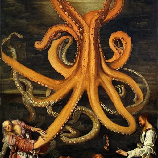 Prompt: giant octopus, Renaissance painting, highly detailed