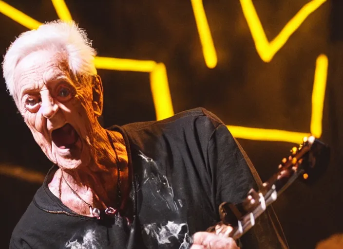 Image similar to publicity photo still of bob barker in a death metal band playing live on stage, 8 k, live concert lighting, mid shot