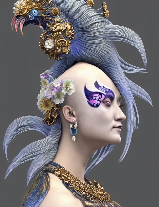 Prompt: 3 d goddess close - up profile simple portrait baroque queen with mohawk with ram skull. beautiful intricately detailed japanese crow kitsune mask and clasical japanese kimono. betta fish, jellyfish phoenix, bio luminescent, plasma, ice, water, wind, creature, artwork by tooth wu and wlop and beeple and greg rutkowski