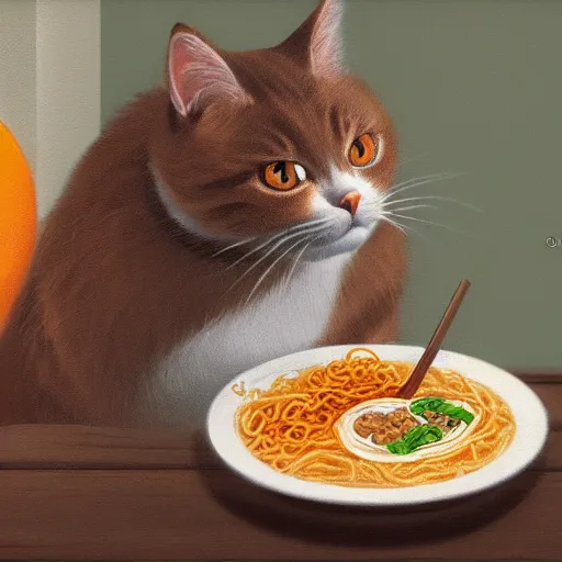 Image similar to Fat, cute orange cat in a suit eating ramen, busy restaurant, close up, ukyio-e, painting by Koson Ohara, details, 4K, 8K