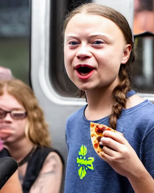 Prompt: film still close - up shot of greta thunberg with facial piercings and tattoos giving a speech in a crowded train station eating pizza, smiling, the sun is shining. photographic, photography