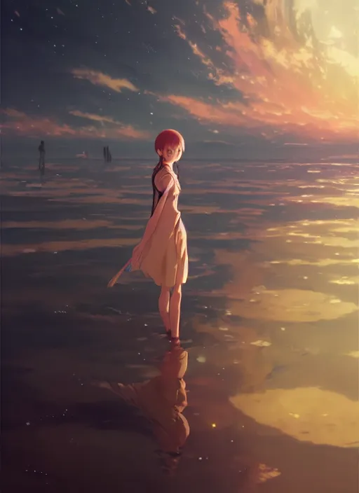 Image similar to anime girl walking on water, ripples, reflections in water, backdrop of dawn, saturn in the background, illustration, concept art, anime, key visual, trending pixiv fanbox by wlop and greg rutkowski and makoto shinkai and studio ghibli