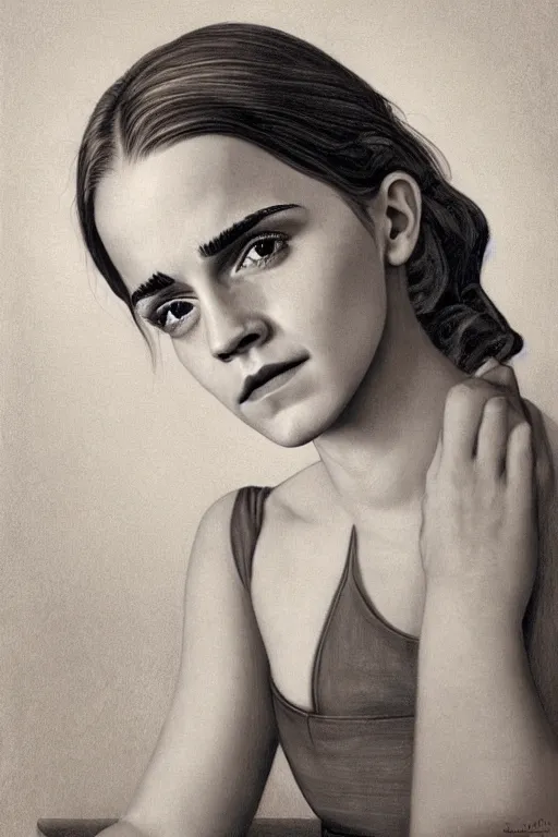 Image similar to ultra realistic emma watson face portrait in the style of grant wood