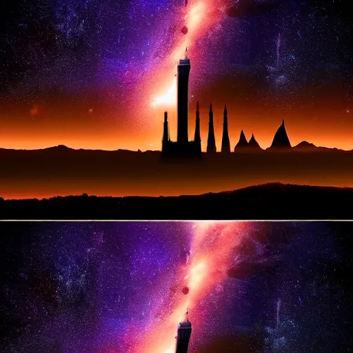 Image similar to Twin Towers between towers is a distant Golden Gate Bridge, glowing black hole in the night sky in front of the Milky Way, red-hooded magicians casting purple colored spells towards the towers, white glowing souls flying out of the towers to the black hole in the style of The Lord of the Rings