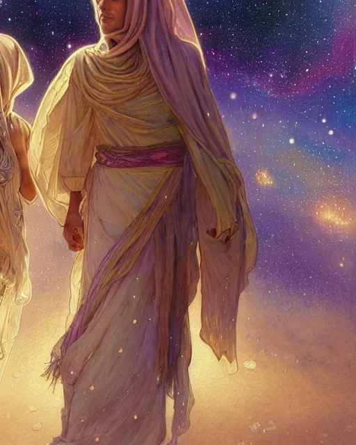 Image similar to bedouin man and woman and child in galaxy walking towards mosque surrounded by nebula, highly detailed, gold filigree, romantic storybook fantasy, soft cinematic lighting, award, disney concept art watercolor illustration by mandy jurgens and alphonse mucha and alena aenami, pastel color palette, featured on artstation