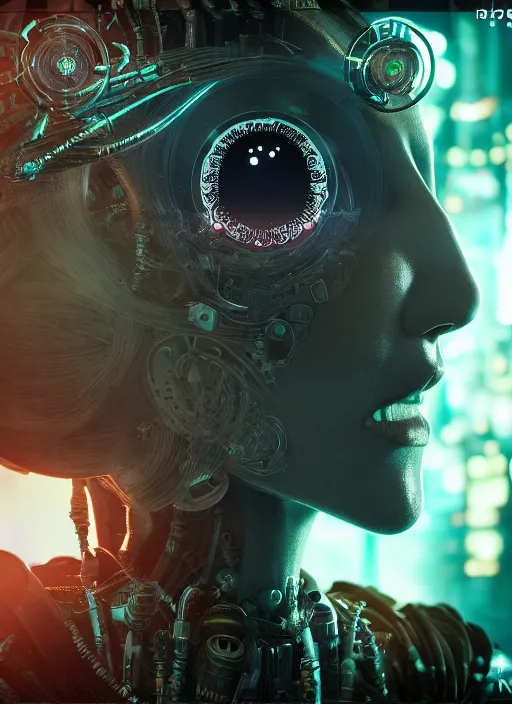 Prompt: 35mm portrait of a 7 of 9 borg with eye implant, on the background of a weird magical mechanical forest. Round gears visible inside her hear. Very detailed 8k. Fantasy cyberpunk horror. Sharp. Unreal 5 render with nanite, global illumination and path tracing. Cinematic post-processing