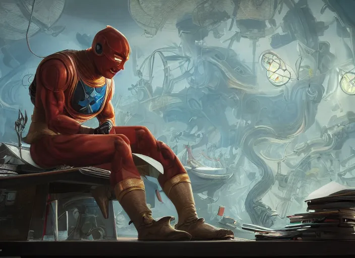 Image similar to an insanely detailed painting of an asian man wearing a homemade superhero costume, sitting at a desk, staring seriously at the computer and typing, in the style of peter mohrbacher, james jean, artgerm, dramatic lighting and composition, surreal background, octane render, pixar, trending on artstation, concept art, comic book, view from behind, 8 k