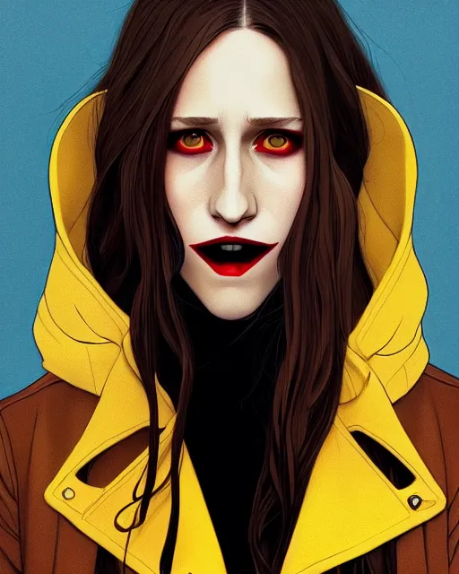 Image similar to in the style of Joshua Middleton and artgerm, beautiful evil vampire Taissa Farmiga sharp bloody vampire fangs open mouth, yellow eyes, symmetrical eyes, realistic face, symmetrical face, brown leather jacket, jeans, long black hair, full body, moody lighting