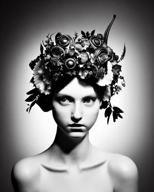 Prompt: a black and white high quality dreamy photo of a young beautiful female queen-pale dragon-vegetal-cyborg bust with a very long neck and a steampunk flower crown, elegant, highly detailed, poetic, soft, dreamy, mysterious, high fashion, in the style of Horst P. Horst, Realistic, Refined, Digital Art, Highly Detailed, Cinematic Lighting, rim light, black and white, photo-realistic, 8K