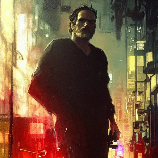 Image similar to joaquin phoenix, hyperrealistic portrait, bladerunner street, art of elysium by jeremy mann and alphonse mucha, fantasy art, photo realistic, dynamic lighting, artstation, poster, volumetric lighting, very detailed face, 4 k, award winning