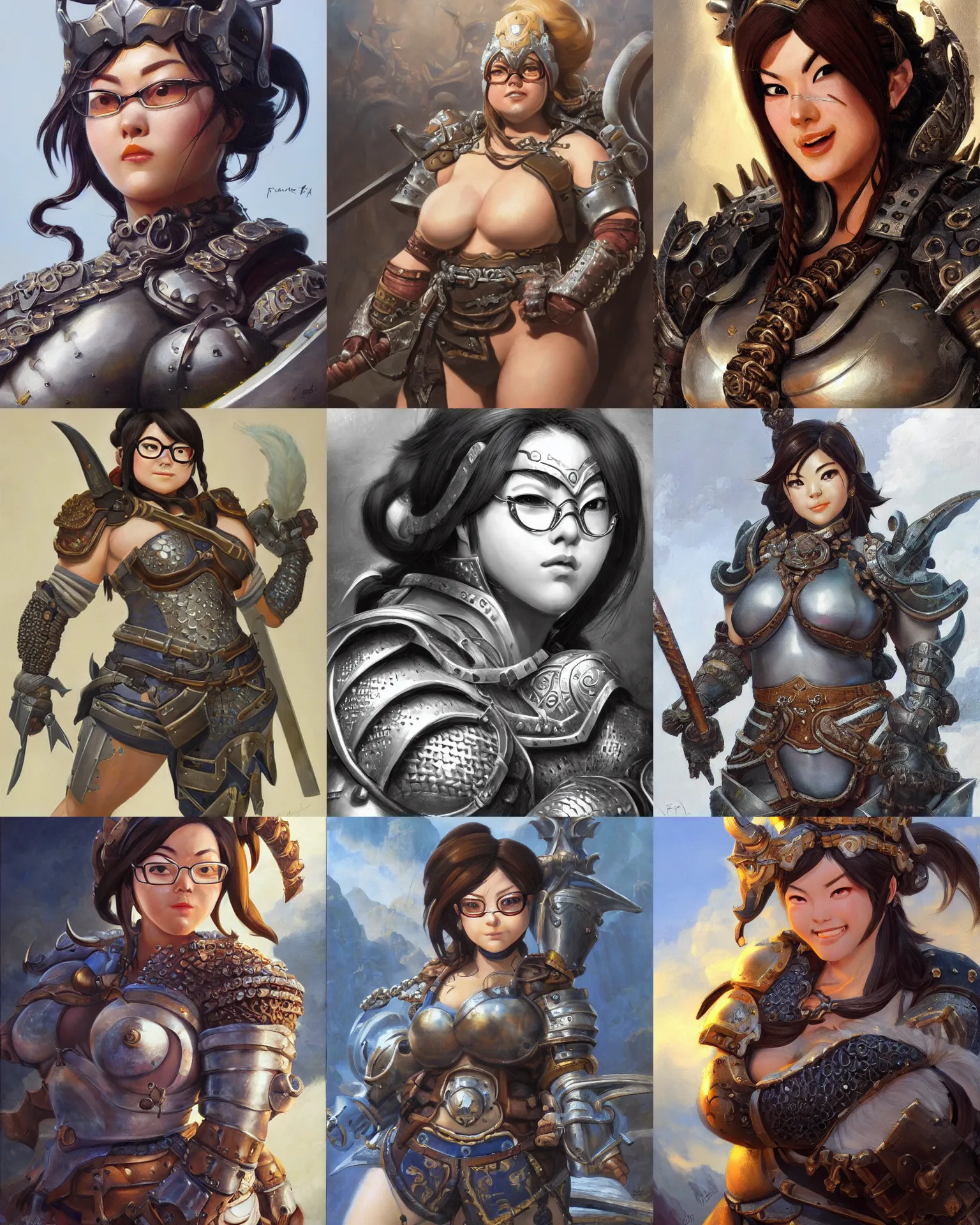 Prompt: detailed portrait of mei from overwatch as a robust medieval warrior wearing iron chainmail, intricate, hyper detailed, realistic, oil painting, by boris vallejo, frank frazetta, cinematic lighting