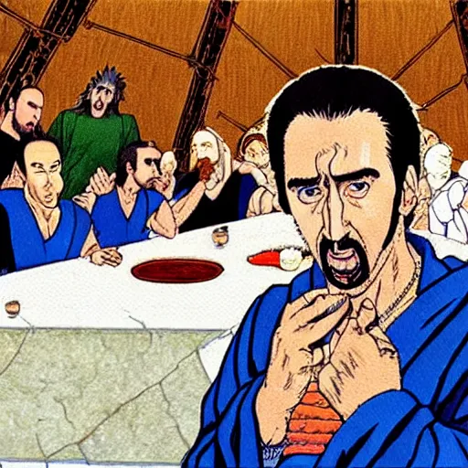 Prompt: nic cage in the last supper as painted by akira toriyama