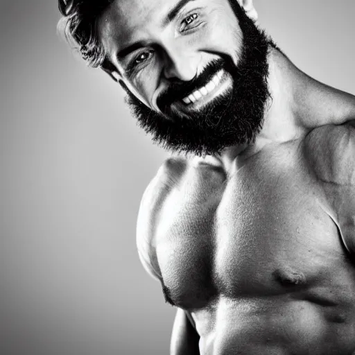 Image similar to Black and white photography of a very muscular man smiling with a chiseled jawline and trimmed beard