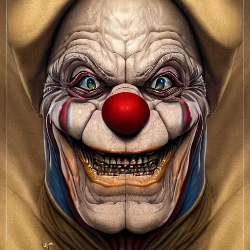 Image similar to digital painting of a wrinkled old scary clown by filipe pagliuso and justin gerard, symmetric, fantasy, highly, detailed, realistic, intricate