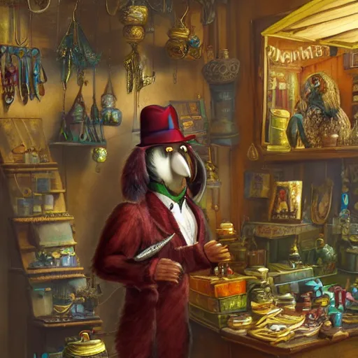 Image similar to A Anthropomorphized friendly parrot trader in his shop, selling his wares, portrait, items, gold, carpet, window, sly expression, cunning expression, presenting wares, holding a gold bag, D&D, fantasy, cinematic lighting, highly detailed, digital painting, artstation, concept art, smooth, sharp focus, illustration, warm light, cozy warm tint, magic the gathering artwork, volumetric lighting, 8k, art by Akihiko Yoshida, Greg Rutkowski