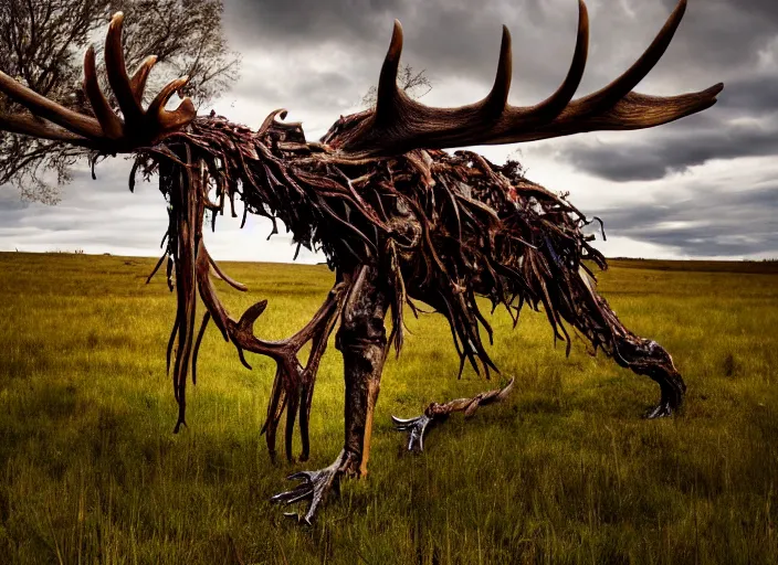 Prompt: photograph of a horrifying nature monster made of animal parts, tree parts, bones, antlers and an extremely long neck, in a meadow, dramatic lighting, full frame photography