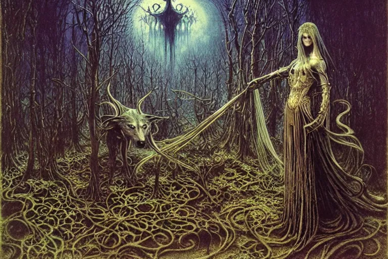 Image similar to knight, wolves in enchanted lovecraftian garden by jean delville, luis royo, beksinski, grimshaw