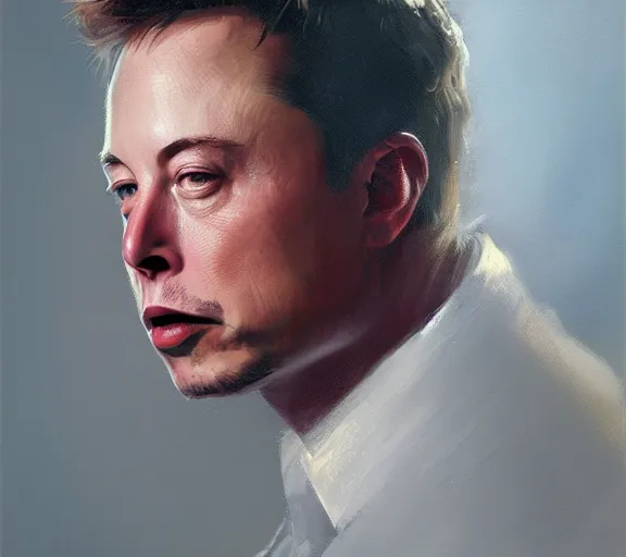 Prompt: a hyper-detailed portrait of Elon Musk by Craig Mullins; oil on canvas; trending on artstation; 90mm; f/1.4