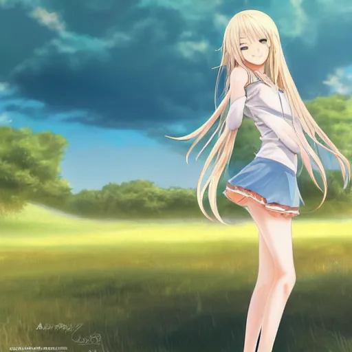 Prompt: a very beautiful anime cute girl, full body, long wavy blond hair, sky blue eyes, full round face, short smile, fancy top, miniskirt, front view, summer lake setting, cinematic lightning, medium shot, highly detailed, cinematic wallpaper by Stanley Artgerm Lau