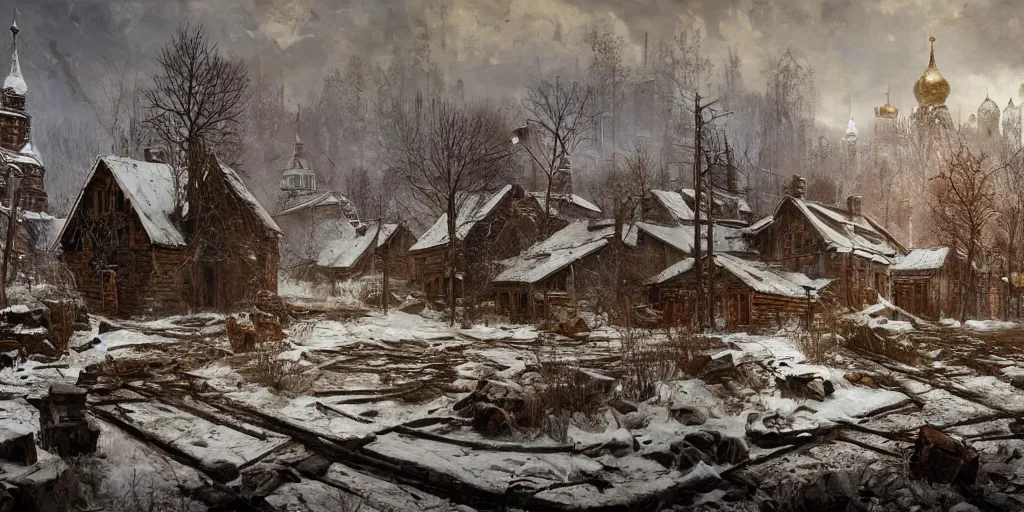 Prompt: An abandoned russian village as concept art for Metro Exodus, winter season, abandoned, ruined buildings, oil painting, painting by Viktor Vasnetsov, concept art, fantasy cityscape, Russian architecture, painting by Ivan Shishkin, hyperborea, high resolution, trending on artstation,
