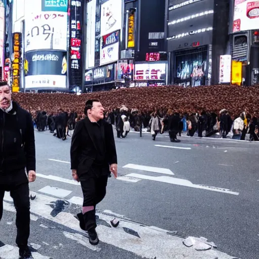 Prompt: Till Lindemann on Shibuya Scramble Crossing, Sakura is blowing, high quality photo