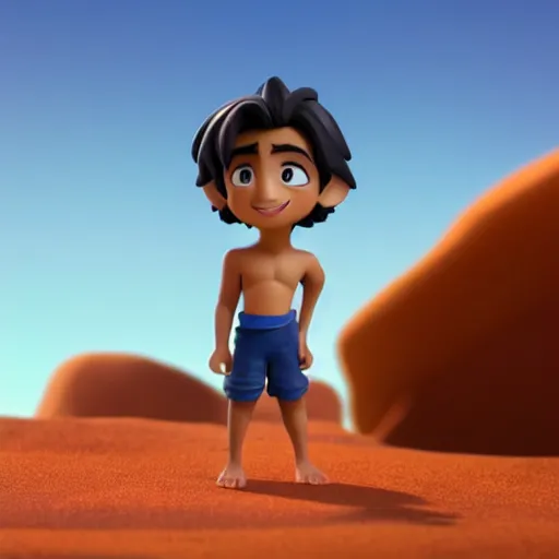 Image similar to profile view of young aladdin as nendoroid walking in a desert in the croods movie style, anime, disney, pixar, 8 k, hd, dof, kodak film, volumetric lighting, subsurface scattering, photorealistic, octane render, details