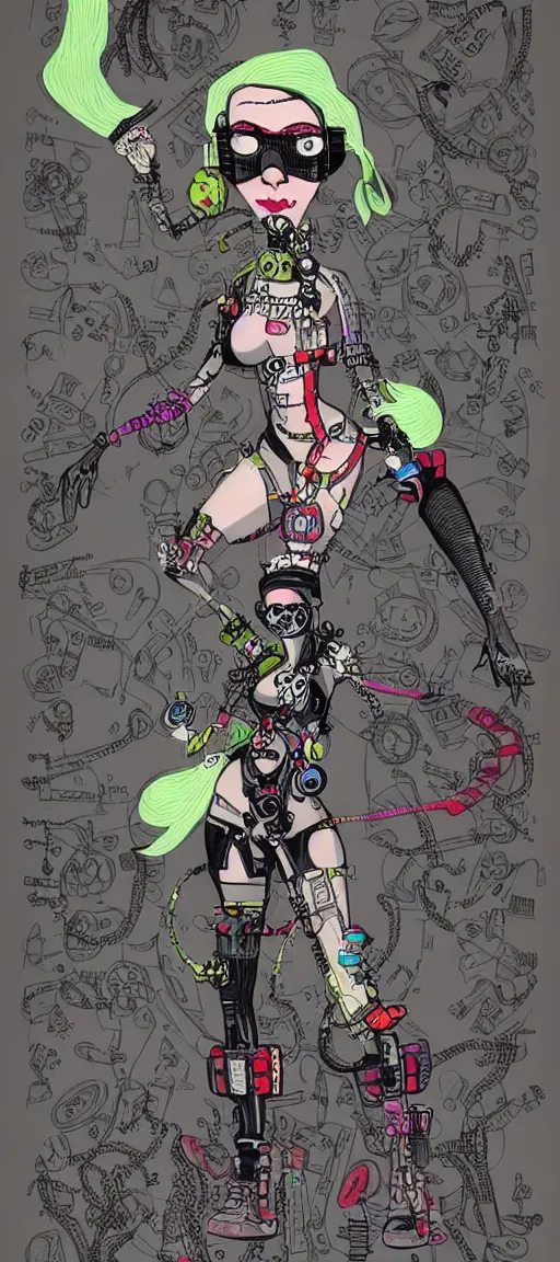 Prompt: a cybergoth woman wearing goggles and eccentric jewelry by jamie hewlett :: full body character concept art, detailed, intricate
