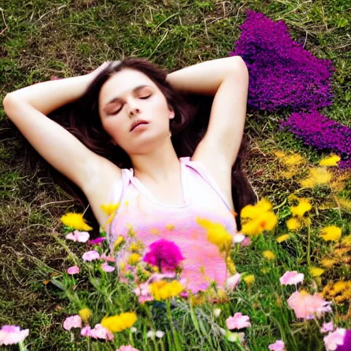 Image similar to girl laying down in the lawn full of flowers that smells like honey amongst forest with her soul connected to the nature around her