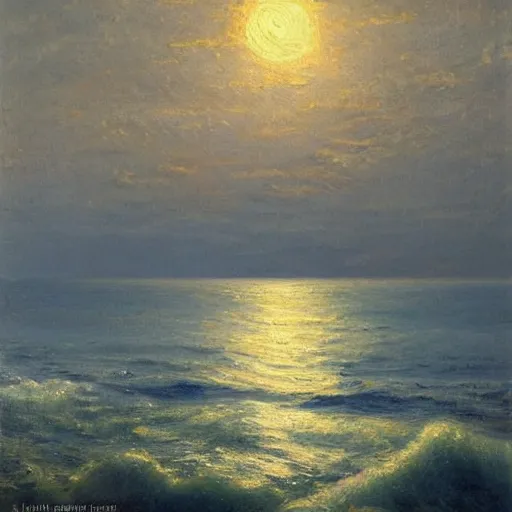 Image similar to a matte painting of the ocean at night with a full moon, an oil painting by Laurits Tuxen, deviantart, impressionism, deviantart