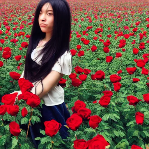 Prompt: a girl with medium and long hair standing in the sea of roses