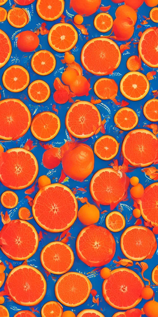 Prompt: a seamless repeating pattern of campari and oranges, colourful, symmetrical, repeating 35mm photography, in the style of toiletpaper magazine, surreal, high detail, photograph by Pierpaolo Ferrari