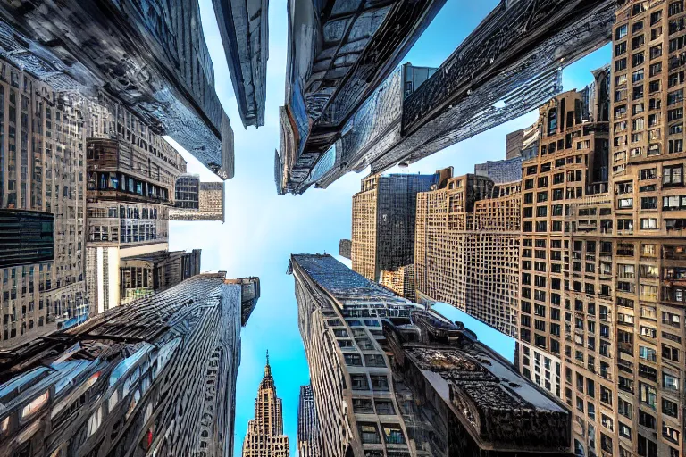 Prompt: beautiful city photography of new york, wide angle, marc adamus, looking up, buildings