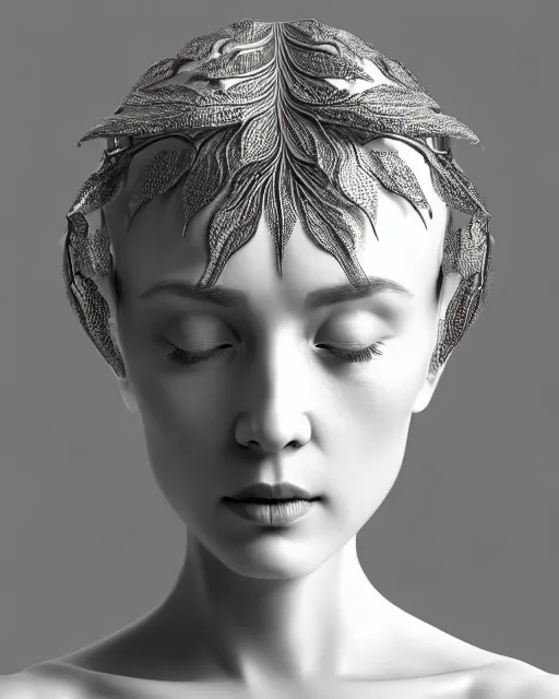 Prompt: close - up, complex 3 d render of a beautiful porcelain profile woman face, vegetal dragon cyborg, 1 5 0 mm, beautiful natural soft rim light, silver gold details, magnolia leaves and stems, roots, fine lace, mandelbot fractal, elegant, ultra detailed, white metallic armour, octane render, black and white, h. r. giger style