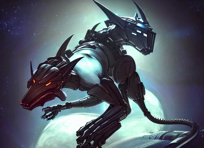 Prompt: cinematic, in a space station, handsome good boy giant mecha wolf hound, warframe hound, taller than man, angular metal armor, metal dragon tail, glass oled visor head, sharp metal dragon claws, synthetic maw, feral body, dragon vore art, dragon art, furry art, digital art, octane, furaffinity, deviantart, sofurry, ekas portal