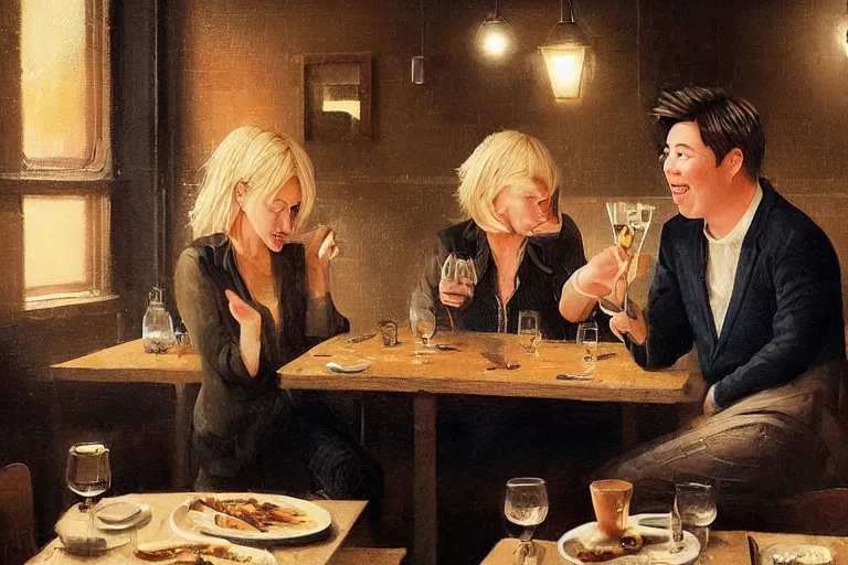 Image similar to portait of michael mcintyre and middle aged blonde woman with short hair and a blonde woman with long hair having dinner at sunday in brooklyn restaurant, greg rutkowski
