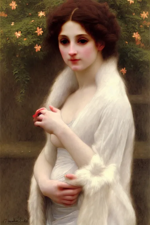 Image similar to snow lady in furry, painting by rossetti bouguereau, detailed art, artstation