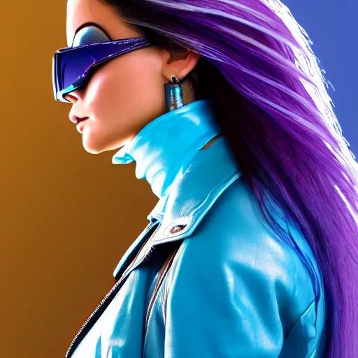 Image similar to closeup painting of a very beautiful young mexican cyberpunk woman with light blue shutter shades, one side haircut, long brown hair with light blue ends, purple leather jacket