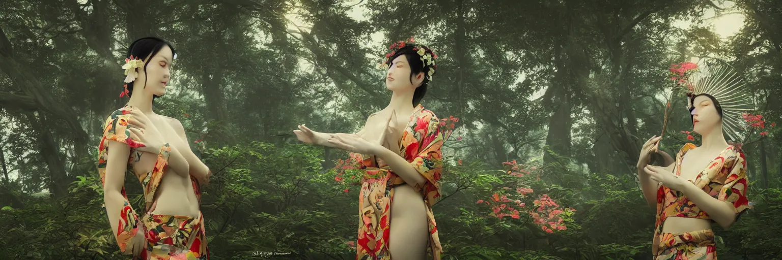 Image similar to a beautiful 3 d render of a giesha goddess wearing a kimono + holding a japanese fan, innovative avant - garde art, deco fashion, photorealistic + in a serene forest setting!!!!!!!, concept art, award winning, 4 k, rule of thirds, volumetric lighting, hyper detailed, octane render