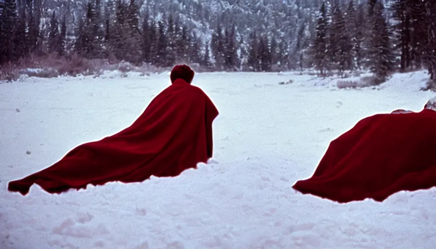 Image similar to 1 9 6 0 s movie still close up of marcus aurelius tired in a royal amor with red cape frozen to death under the snow by the side of a river with gravel, pine forests, cinestill 8 0 0 t 3 5 mm, high quality, heavy grain, high detail, texture, dramatic light, anamorphic, hyperrealistic, detailed hair, foggy