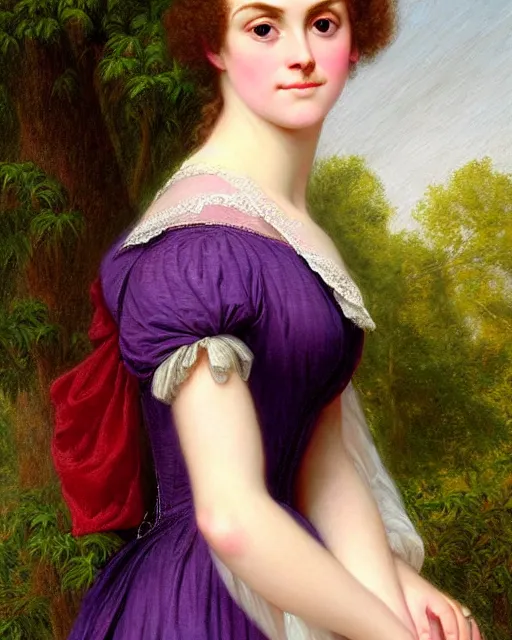 Prompt: regency portrait en buste of annasophia robb violet beauregarde leslie burke by Hughes Merle, by Pierre Auguste Cot, perfectly detailed eyes, realistic fabric, abundant detail