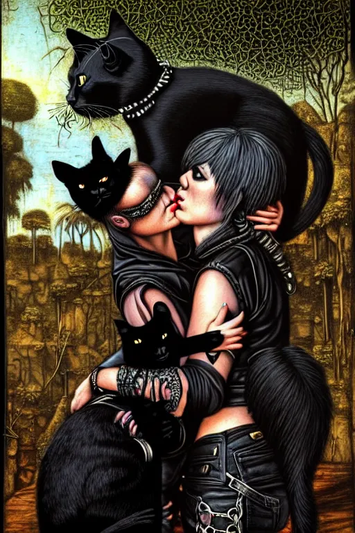 Image similar to punk rock girls kissing and making selfie with black cats in jungle , 1980 style, mad max jacket, post apocalyptic, Cyberpunk, renaissance, Gothic, mystic, highly detailed, digital painting, 4k, fog, oil painting by Leonardo Da Vinci, hyper realistic style, fantasy by Olga Fedorova