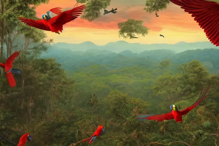 Image similar to gorgeous scarlet macaws flying at beautiful sunset in the distance through the forest, jungle mountains in the background, highly detailed, trending on art station, very detailed birds, viva la vida art by coldplay