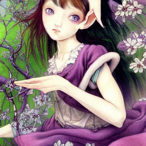 Image similar to little elf girl, tunic, soft hair. light color palate, purple, yellow and white. detailed soft painting, ayami kojima, made in abyss, anatomically correct, inspired in balthus, high detailed face anime, vogue magazine, glorious composition