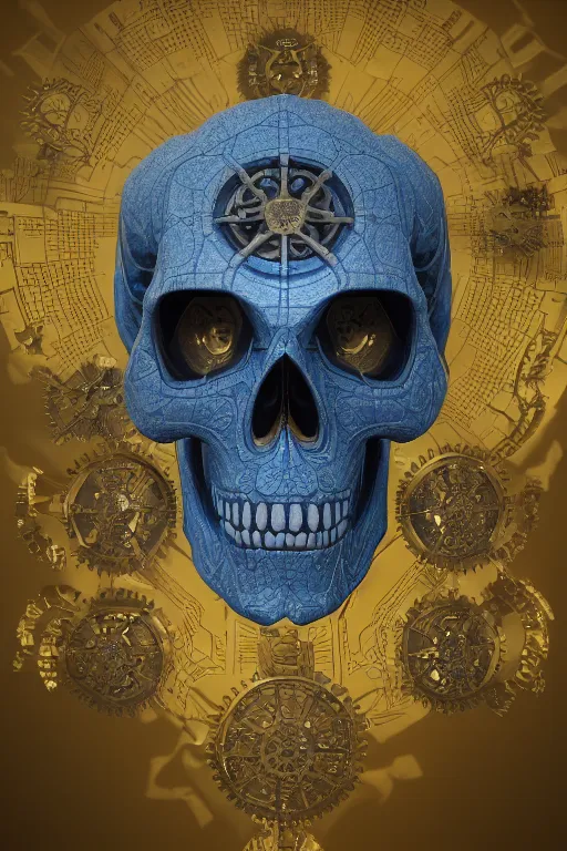 Image similar to conceptart 3 d render skull, the skull is decorated with art deco gears patterns, hyperrealistic, volumetric lighting, ultra detailed, elegant, octane render, blue and gold, 8 k, trending on artstation, unreal engine