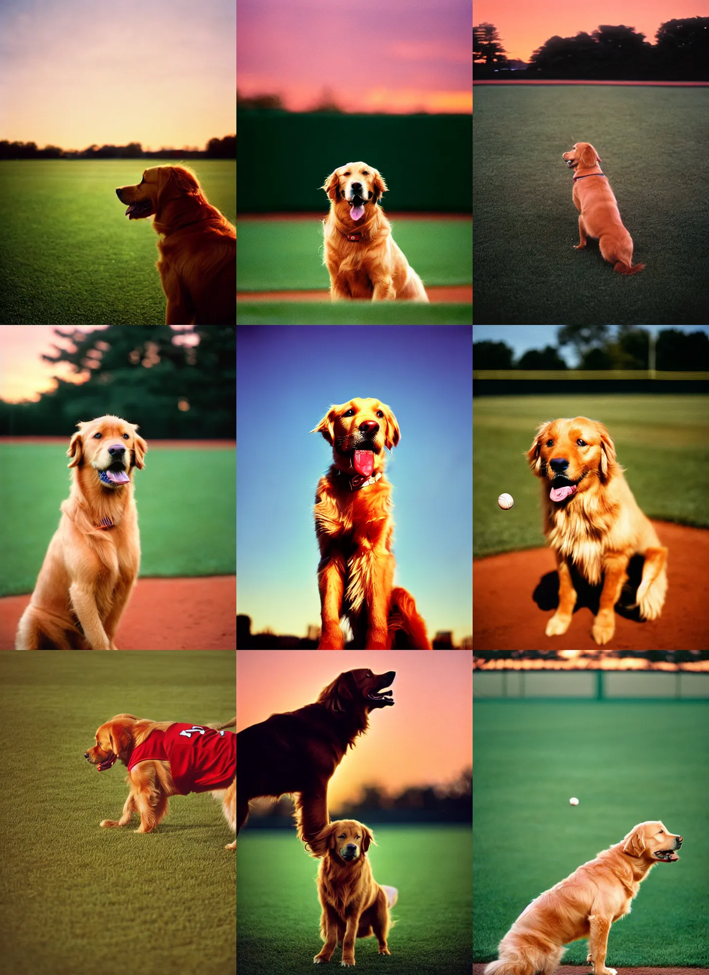 Prompt: the red sox left fielder, a golden retriever dog wearing full uniform, looks up wistfully at the sky, pulitzer prize - winning photo, 2 5 mm portra, film grain, diffused light, sunset
